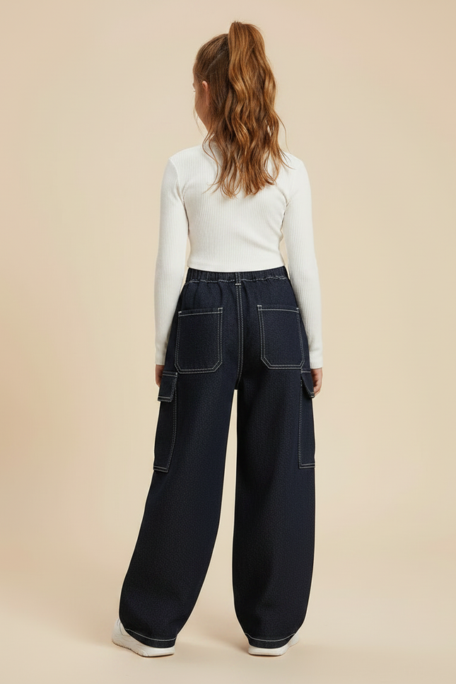 Pantalon Parachute Denim Ample Cargo Bleu Marine Fille - Jean - vue 2