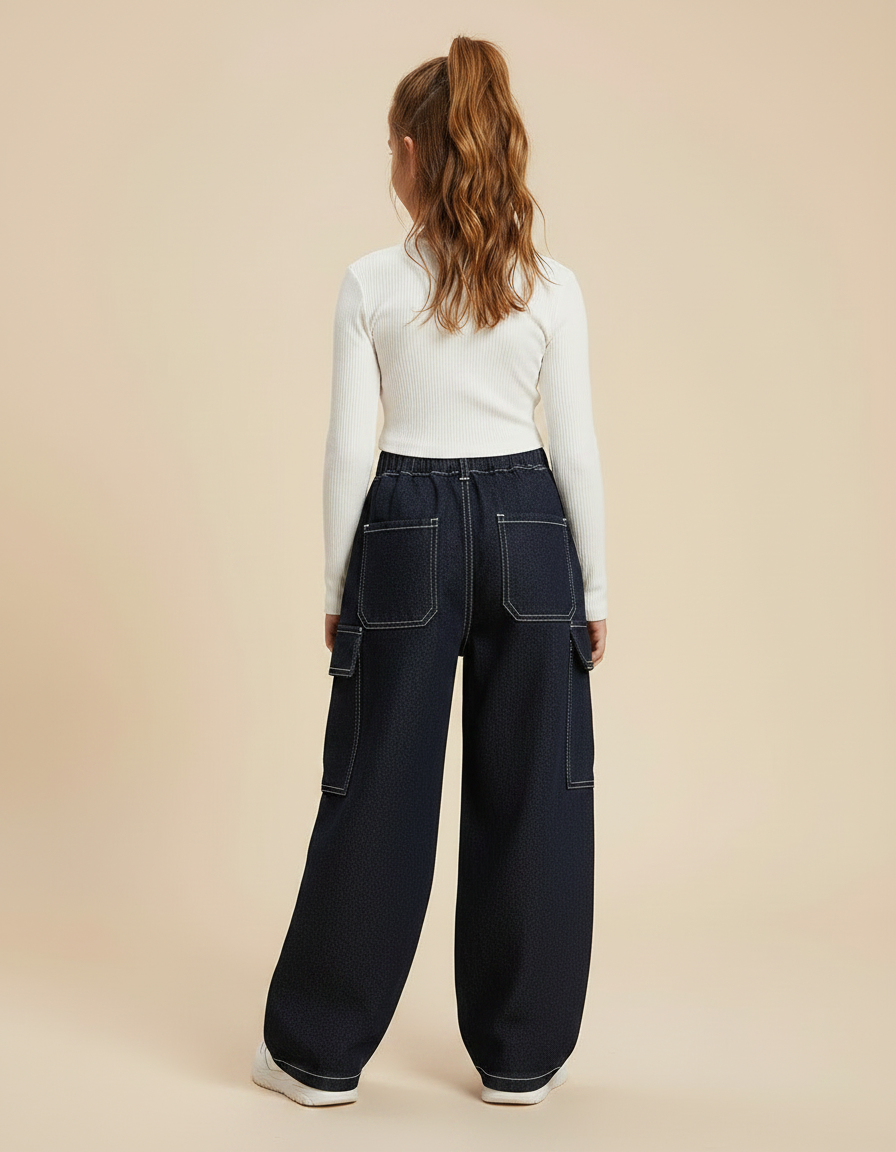 Pantalon Parachute Denim Ample Cargo Bleu Marine Fille - Jean - vue 2