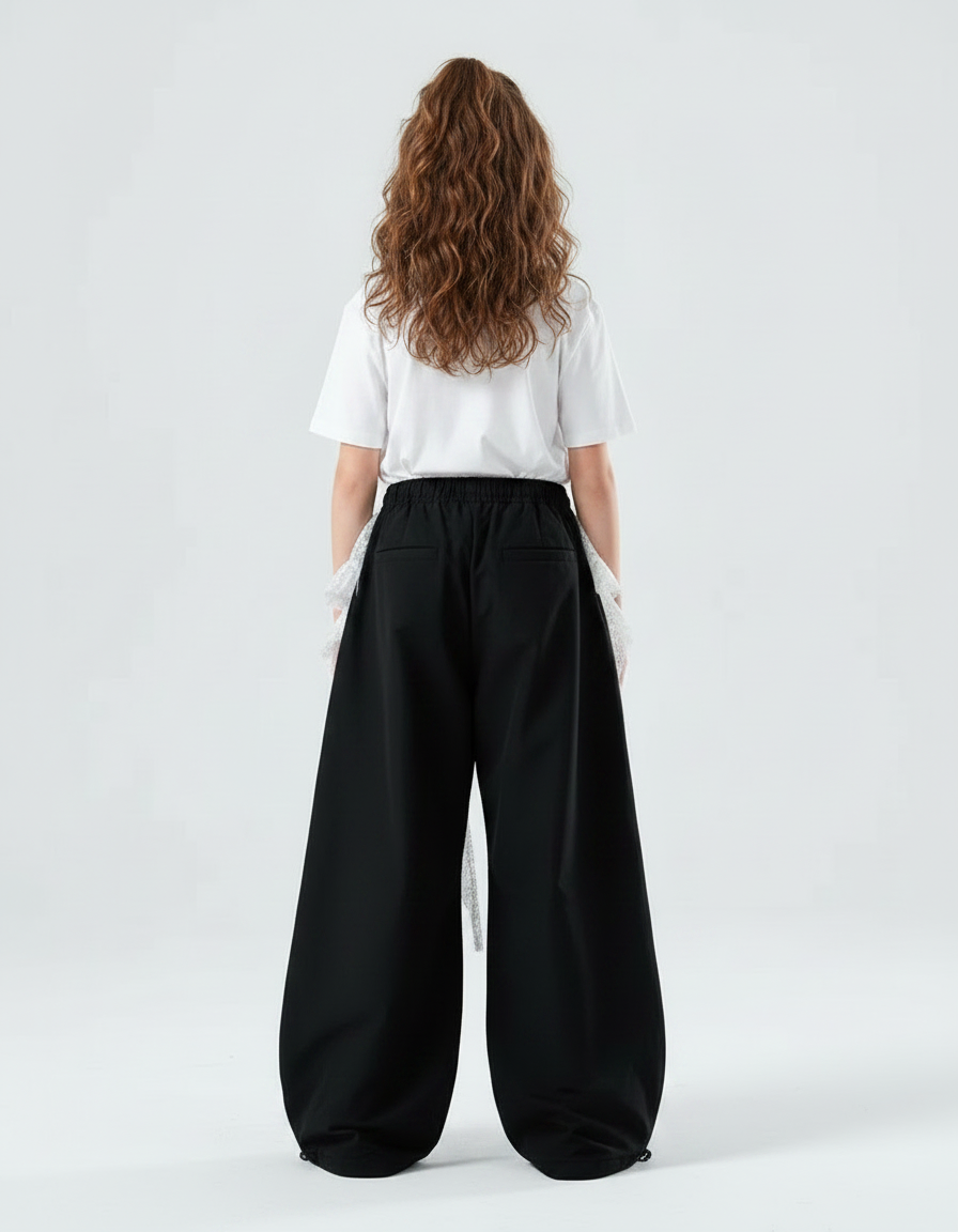 Pantalon Parachute Noir Ample Dentelle Fille - Polyester - vue 2