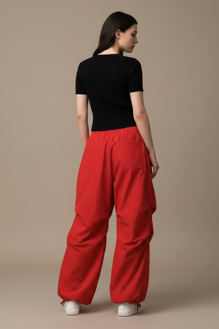 Pantalon Parachute Rouge Ample Fluide Décontracté Cordon - Coton - vue 2