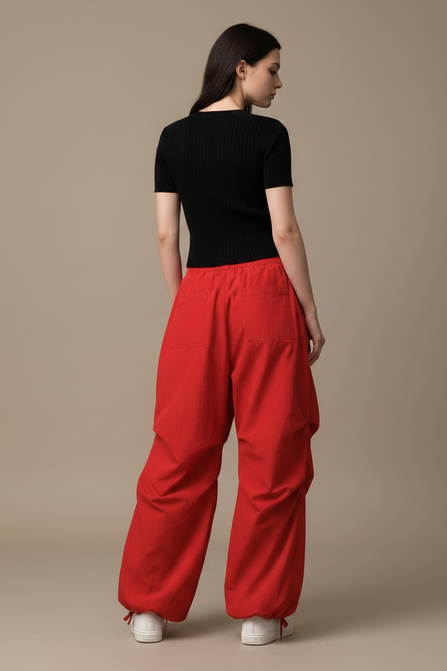 Pantalon Parachute Rouge Ample Fluide Décontracté Cordon - Coton - vue 2