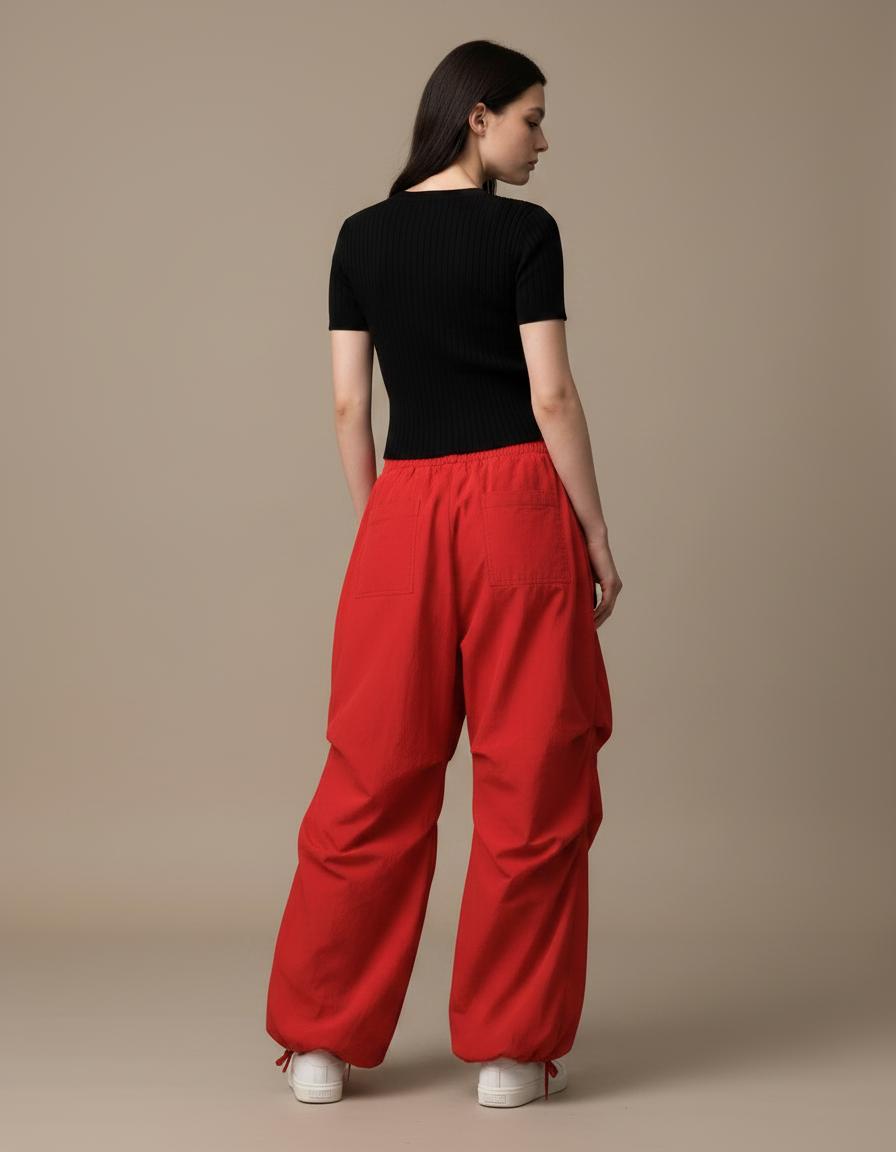 Pantalon Parachute Rouge Ample Fluide Décontracté Cordon - Coton - vue 2