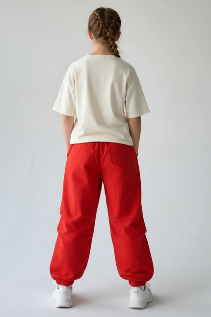 Pantalon Parachute Rouge Ample Fluide Taille Élastique - Polyester - vue 2
