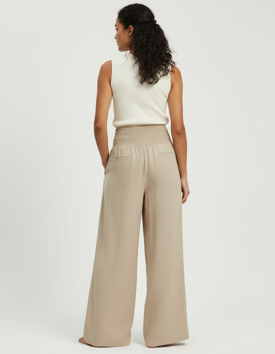Pantalon Parachute Beige Ample Fluide Plissé Femme - Lin - vue 2
