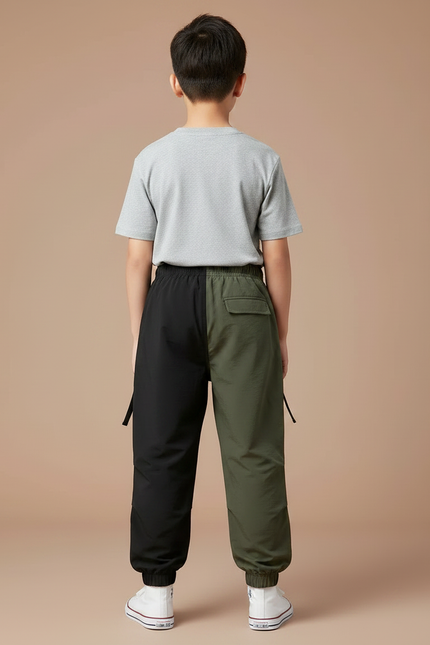 Pantalon Parachute Bicolore Kaki Noir Cargo Enfant - Multicolore Polyester - vue 2
