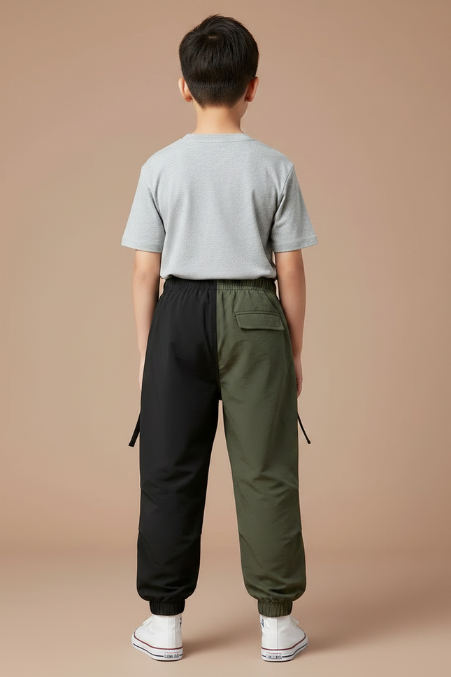 Pantalon Parachute Bicolore Kaki Noir Cargo Enfant - Multicolore Polyester - vue 2