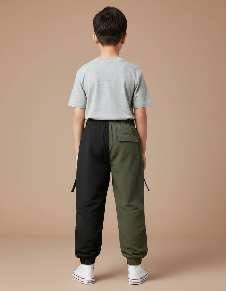 Pantalon Parachute Bicolore Kaki Noir Cargo Enfant - Multicolore Polyester - vue 2
