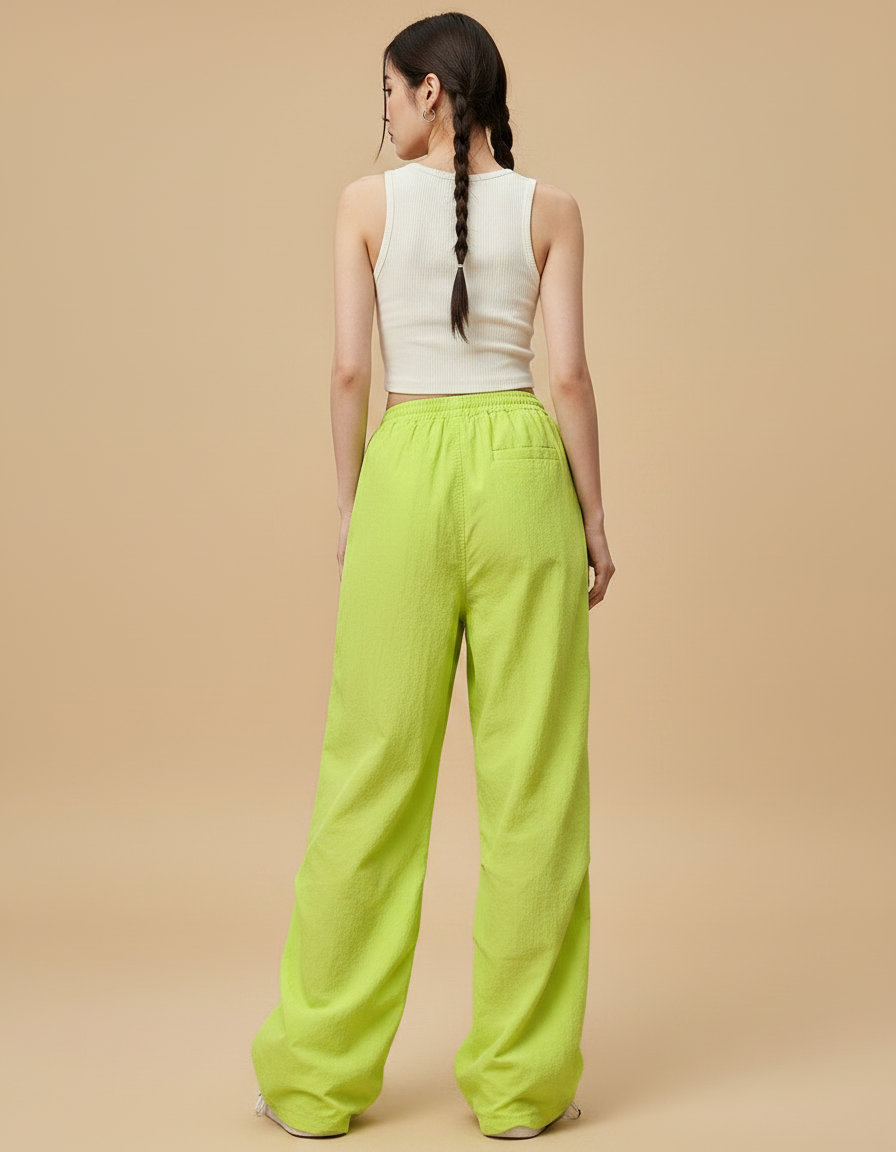 Pantalon Parachute Vert Citron Ample Fluide Streetwear - Polyester - vue 2
