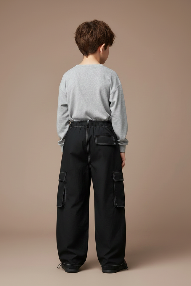 Pantalon Parachute Noir Cargo Ample Enfant Métallisé - Polyester - vue 2