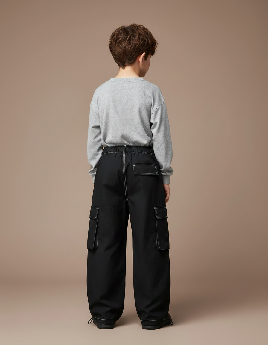 Pantalon Parachute Noir Cargo Ample Enfant Métallisé - Polyester - vue 2