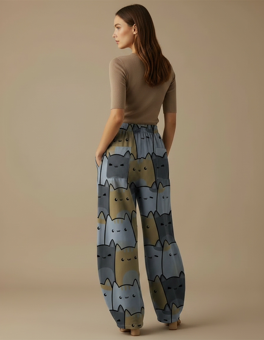 Pantalon Parachute Chat Imprimé Ample Décontracté Femme - Viscose - vue 2