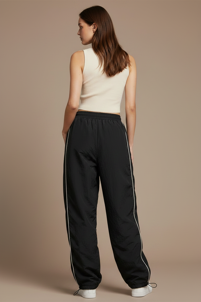 Pantalon Parachute Noir Ample Rayures Streetwear Femme - Polyester - vue 2