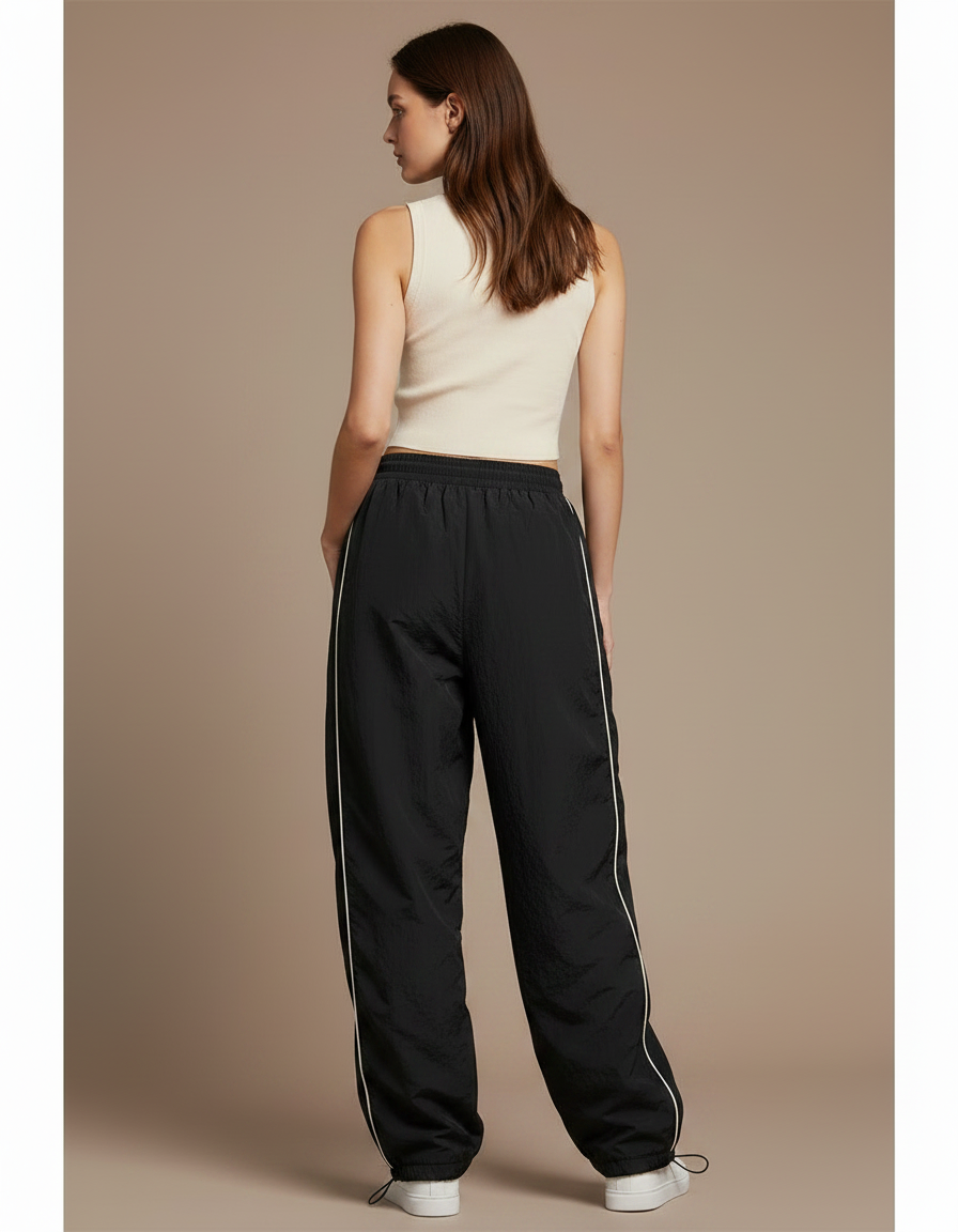 Pantalon Parachute Noir Ample Rayures Streetwear Femme - Polyester - vue 2