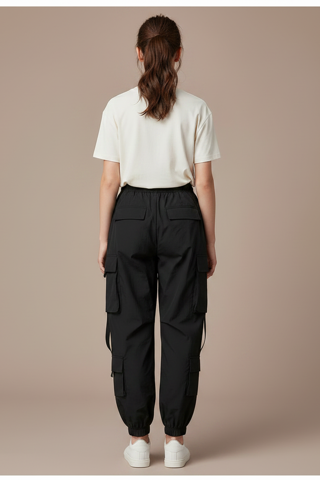 Pantalon Parachute Noir Cargo Ample Femme Coton - Polyester - vue 2