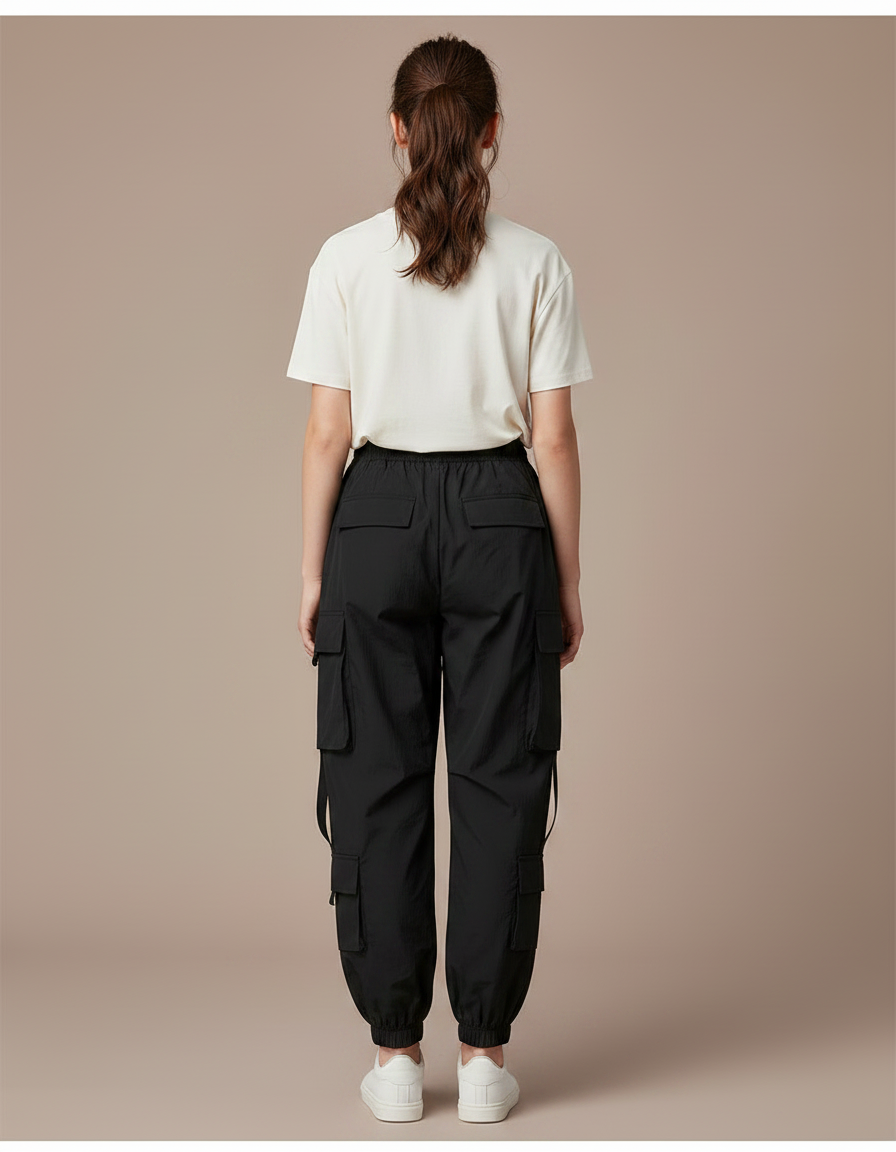 Pantalon Parachute Noir Cargo Ample Femme Coton - Polyester - vue 2