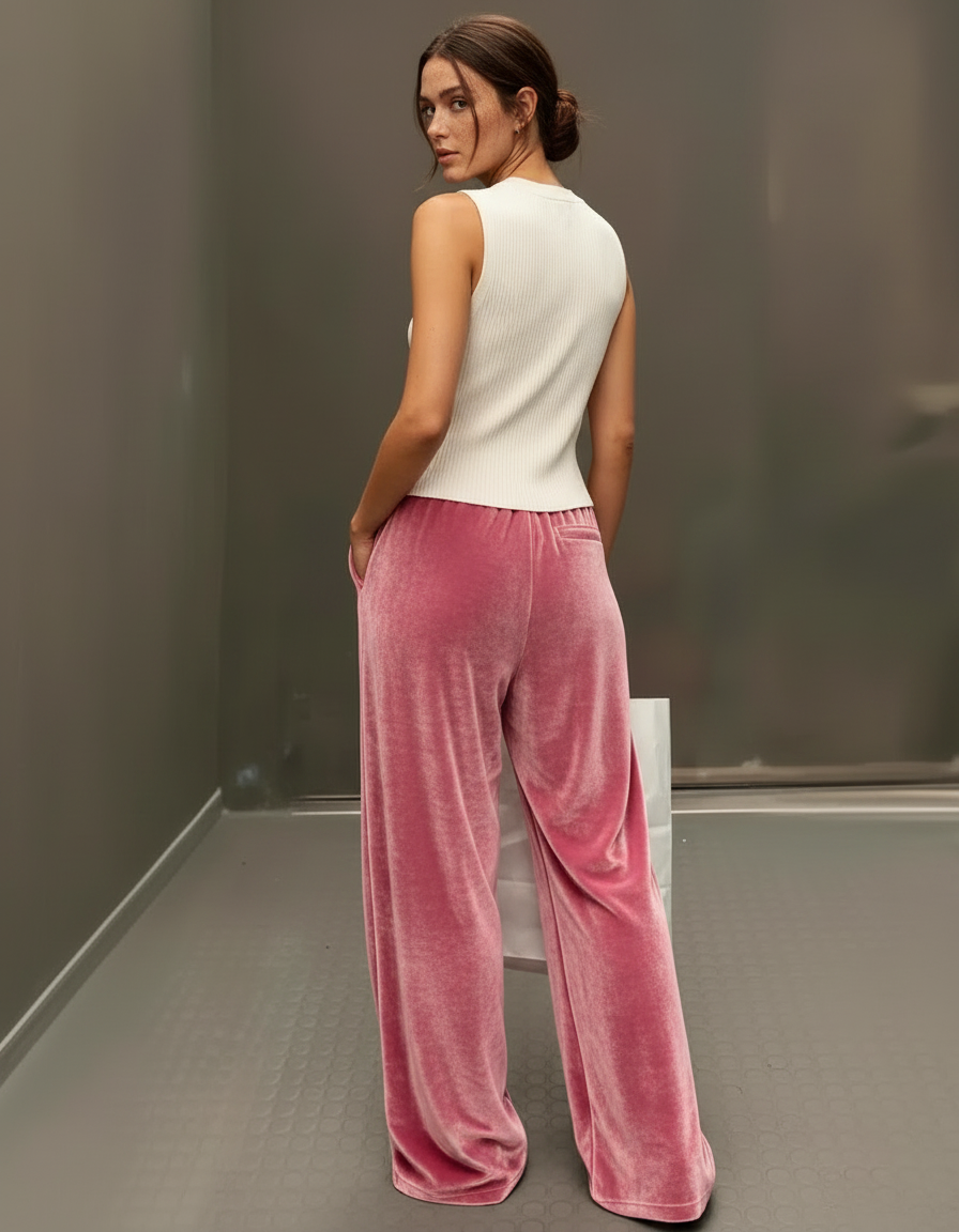 Pantalon Parachute Velours Rose Ample Décontracté Femme - vue 2