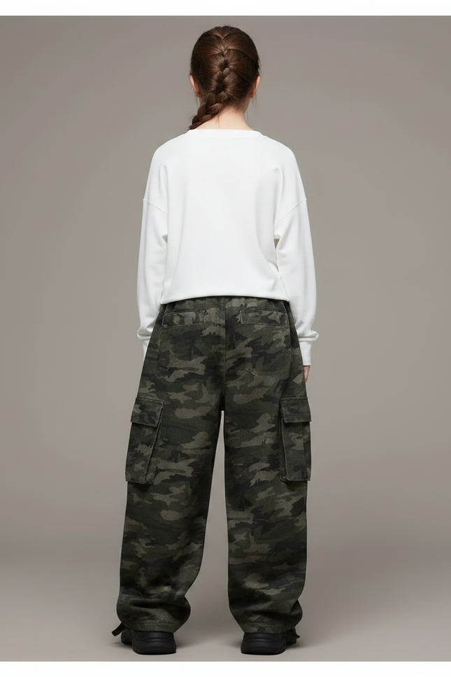 Pantalon Parachute Camouflage Cargo Ample Urbain Enfant - Kaki Toile - vue 2