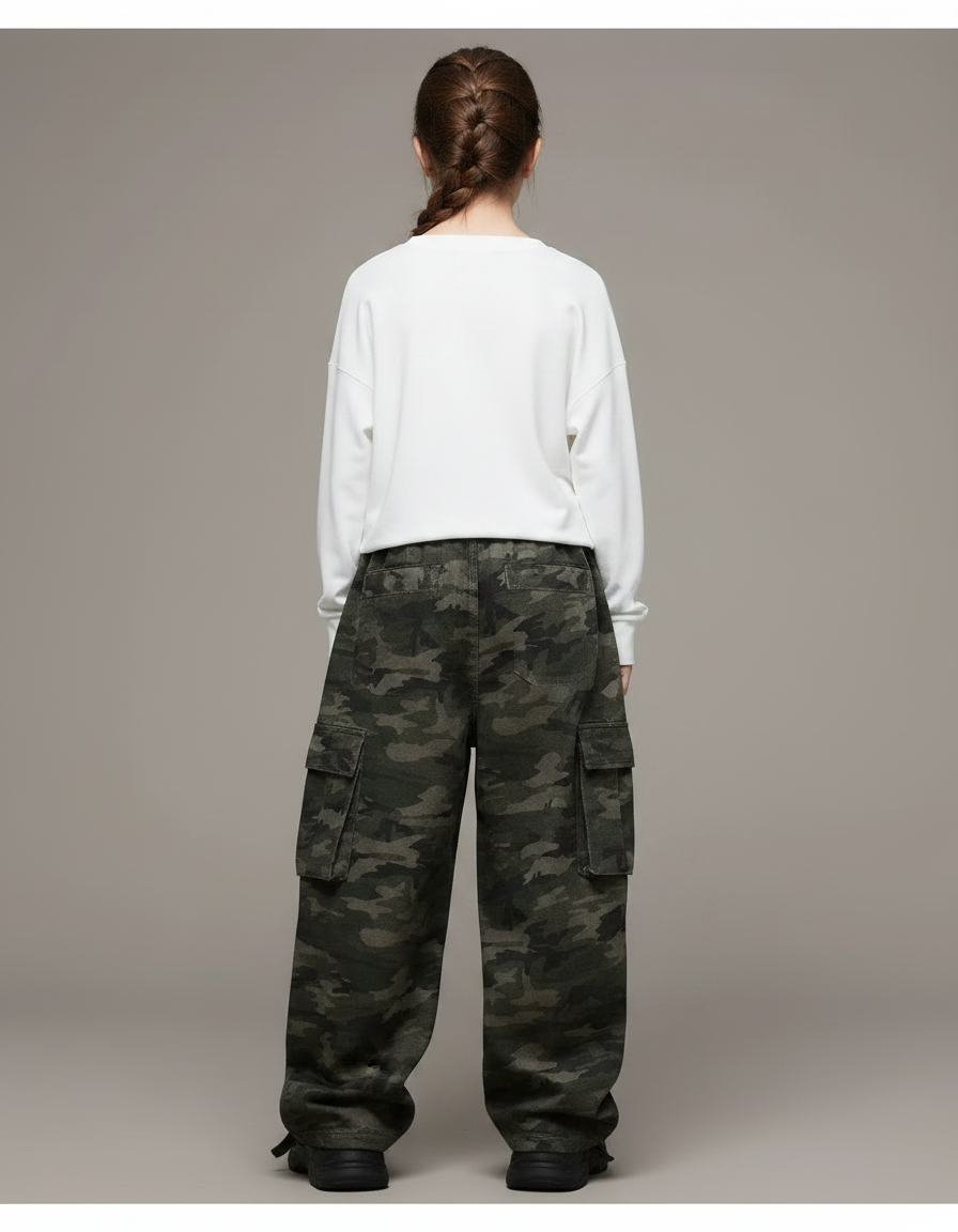 Pantalon Parachute Camouflage Cargo Ample Urbain Enfant - Kaki Toile - vue 2