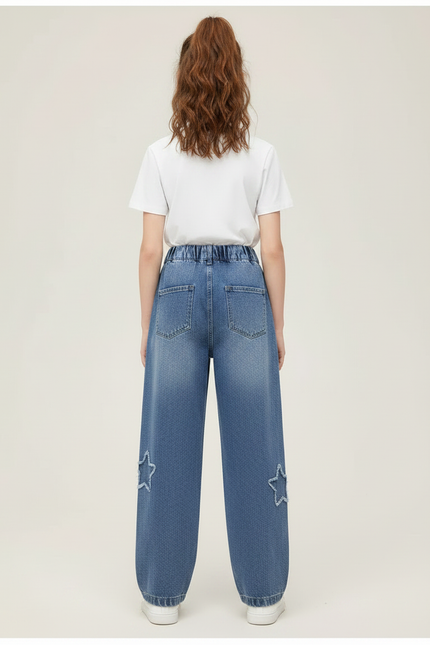 Pantalon Parachute Denim Étoiles Ample Fille Casual Jeans - Bleu - vue 2