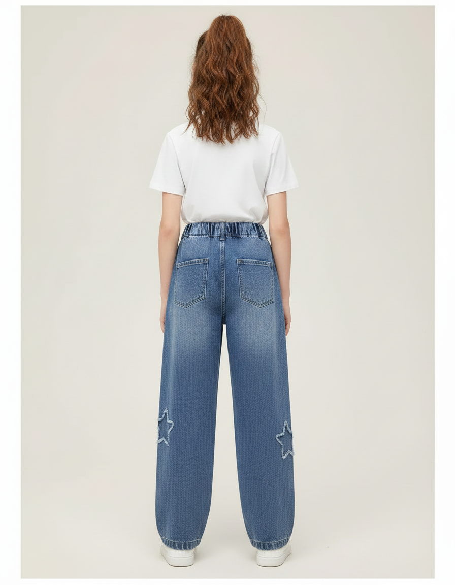 Pantalon Parachute Denim Étoiles Ample Fille Casual Jeans - Bleu - vue 2