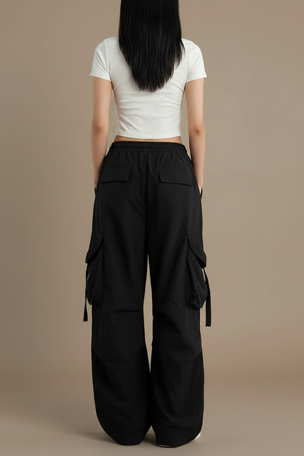 Pantalon Parachute Noir Cargo Ample Décontracté Femme - Polyester - vue 2