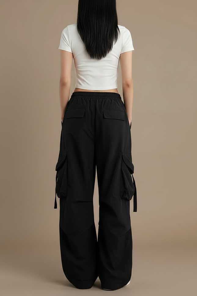 Pantalon Parachute Noir Cargo Ample Décontracté Femme - Polyester - vue 2