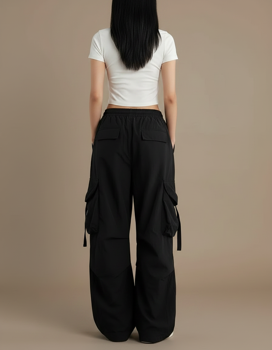 Pantalon Parachute Noir Cargo Ample Décontracté Femme - Polyester - vue 2