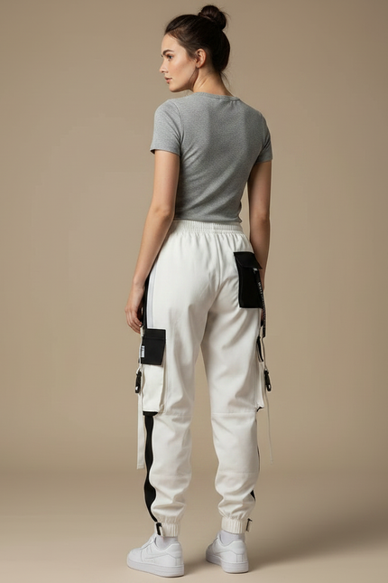 Pantalon Parachute Blanc Cargo Bicolore Femme Ample Techwear - Polyester - vue 2
