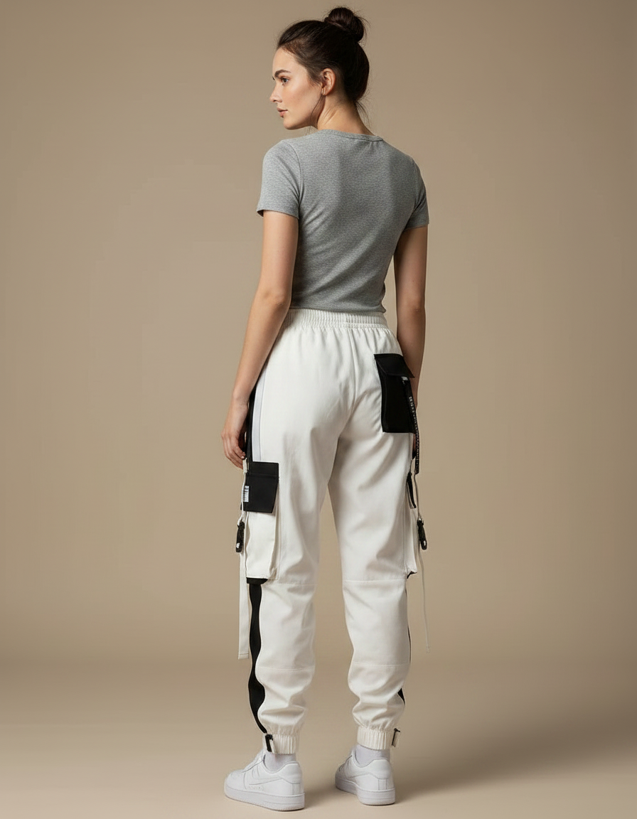 Pantalon Parachute Blanc Cargo Bicolore Femme Ample Techwear - Polyester - vue 2