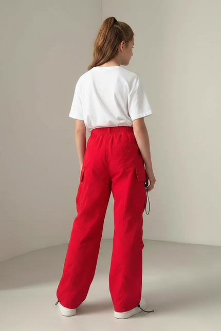 Pantalon Parachute Rouge Ample Cordon Fille - Polyester - vue 2