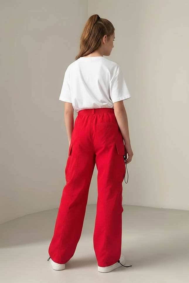 Pantalon Parachute Rouge Ample Cordon Fille - Polyester - vue 2