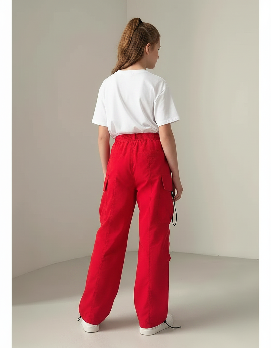 Pantalon Parachute Rouge Ample Cordon Fille - Polyester - vue 2