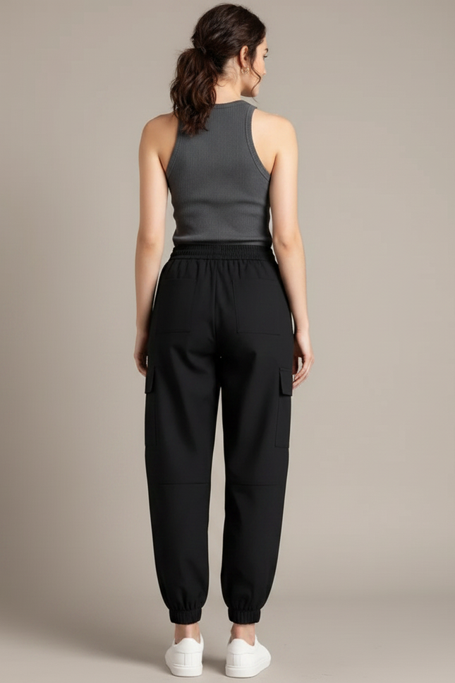 Pantalon Parachute Noir Cargo Cordon Femme Fluide - Polyester - vue 2