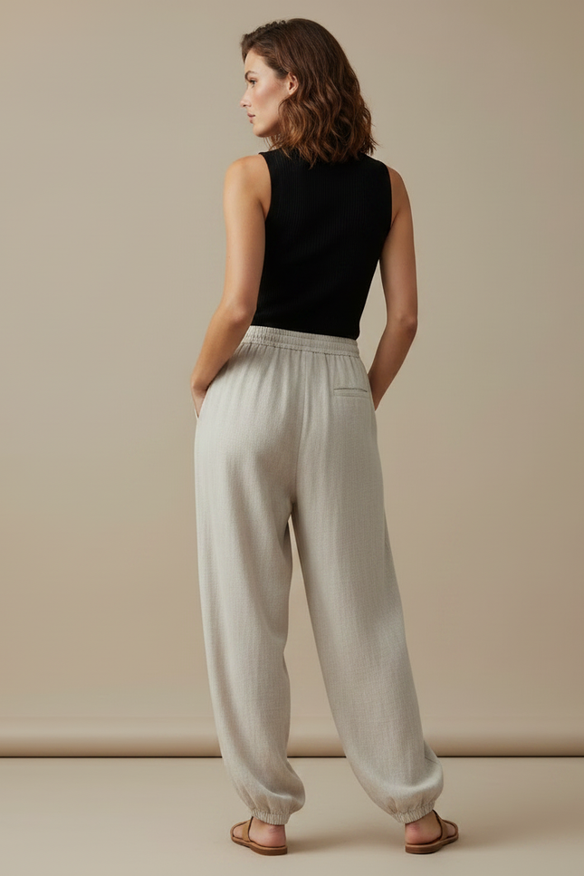Pantalon Parachute Beige Ample Lin Décontracté Femme - vue 2