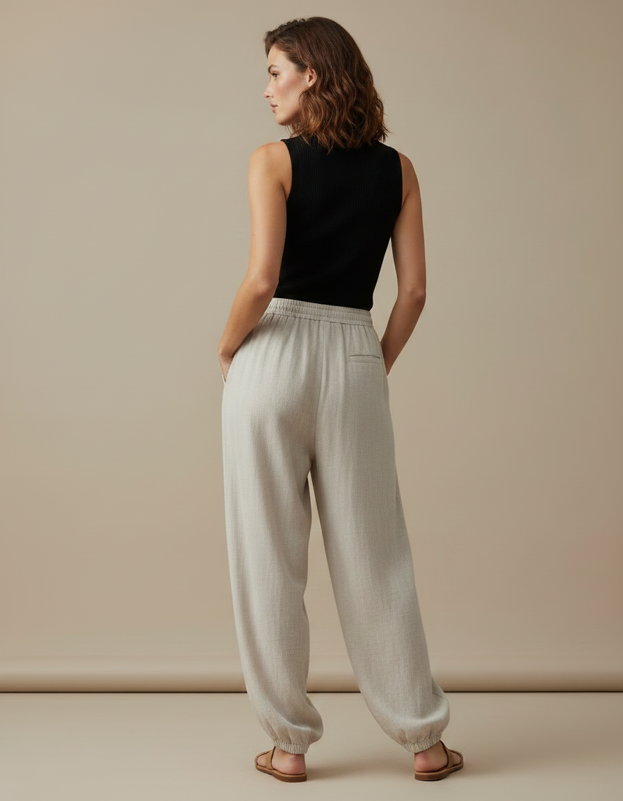 Pantalon Parachute Beige Ample Lin Décontracté Femme - vue 2