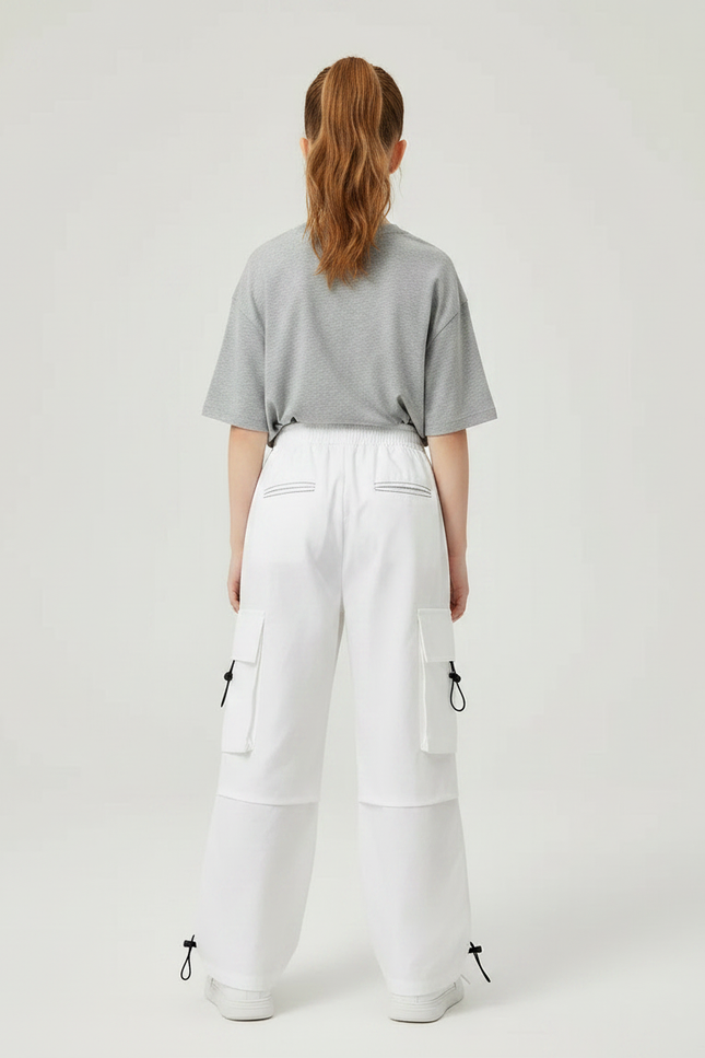 Pantalon Parachute Blanc Cargo Ample Casual Fille - Toile - vue 2