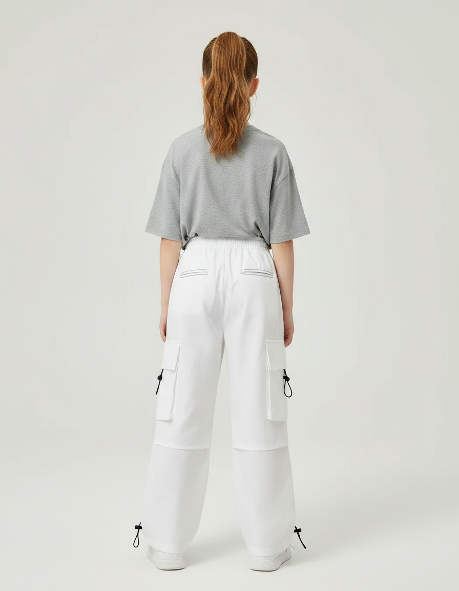 Pantalon Parachute Blanc Cargo Ample Casual Fille - Toile - vue 2