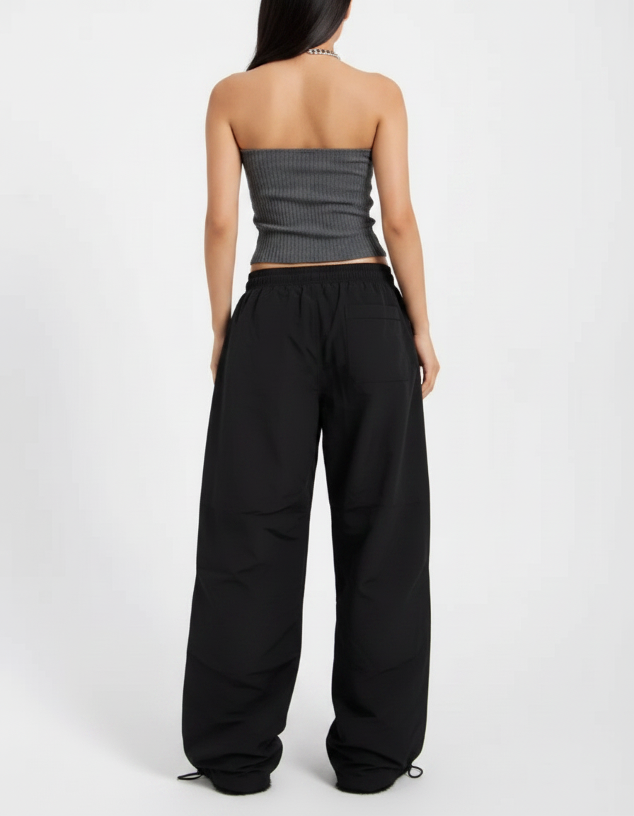 Pantalon Parachute Noir Ample Décontracté Streetwear Femme - Polyester - vue 2