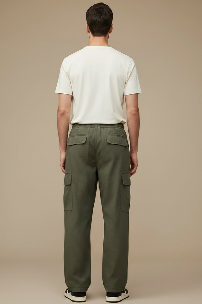 Pantalon Parachute Kaki Cargo Ample Cordon Homme Coton - vue 2
