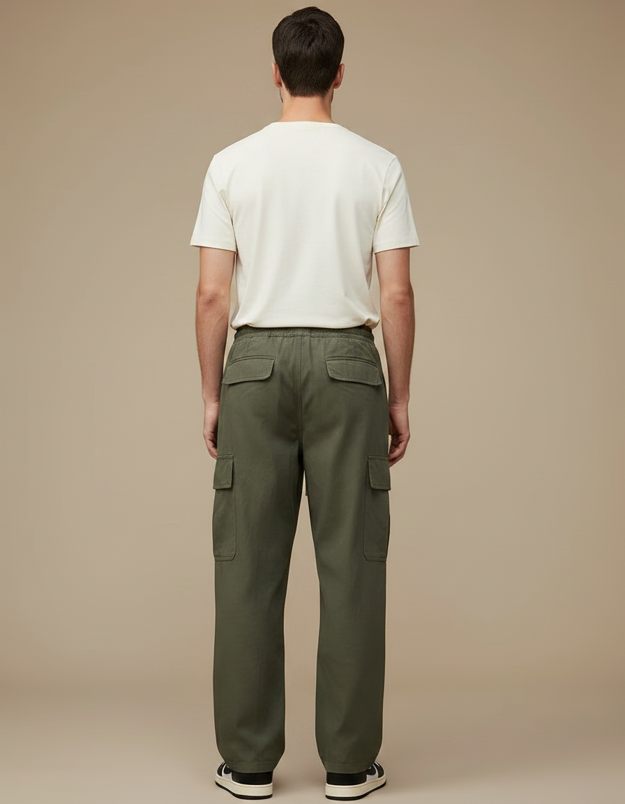 Pantalon Parachute Kaki Cargo Ample Cordon Homme Coton - vue 2