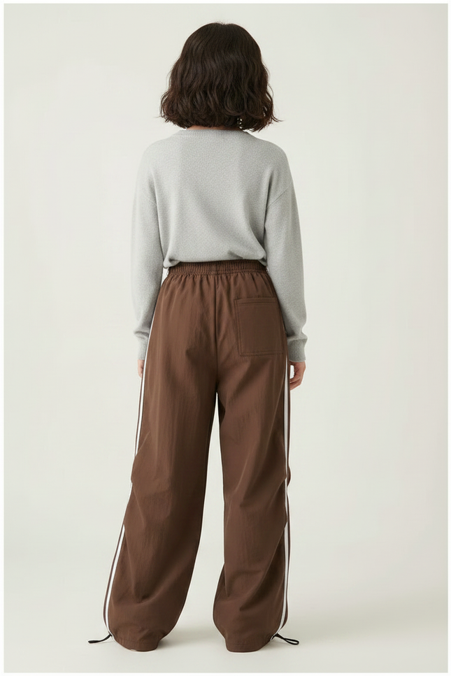 Pantalon Parachute Marron Ample Rayures Blanches Streetwear - Polyester - vue 2