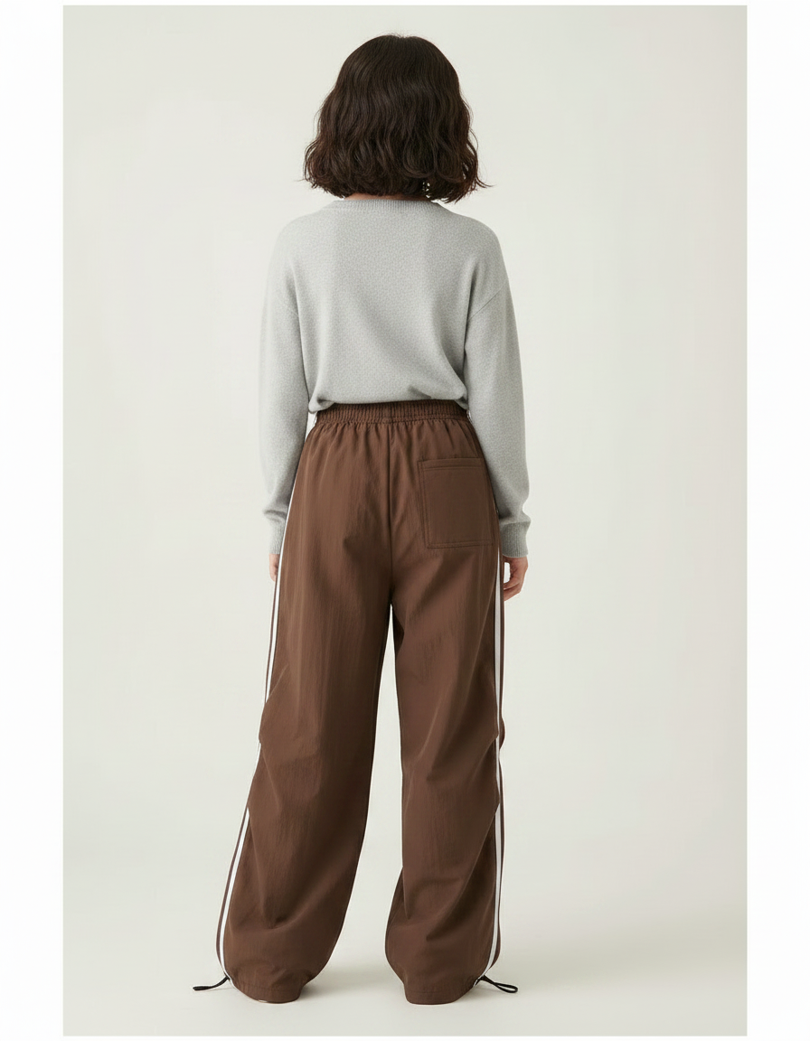Pantalon Parachute Marron Ample Rayures Blanches Streetwear - Polyester - vue 2
