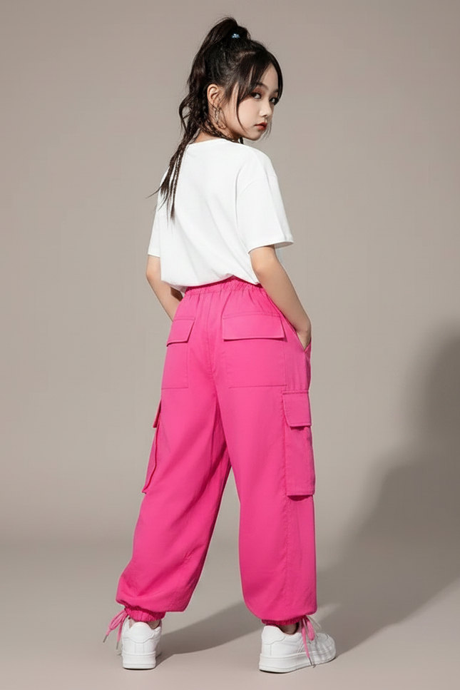 Pantalon Parachute Rose Vif Cargo Ample Fille - Polyester - vue 2