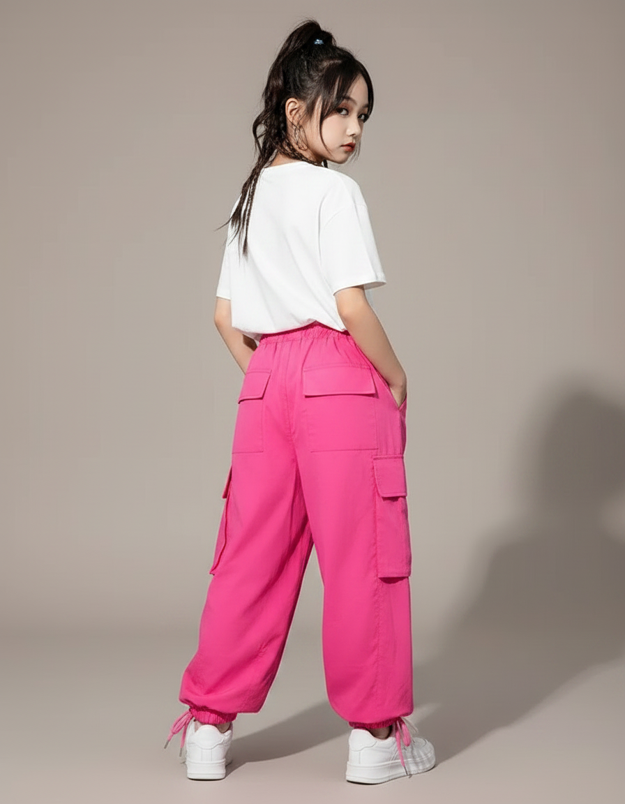 Pantalon Parachute Rose Vif Cargo Ample Fille - Polyester - vue 2