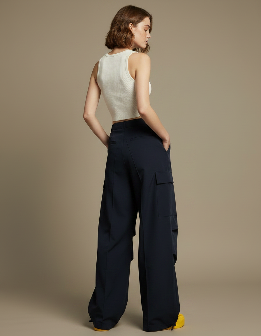Pantalon Parachute Bleu Marine Ample Cargo Sportif - Polyester - vue 2