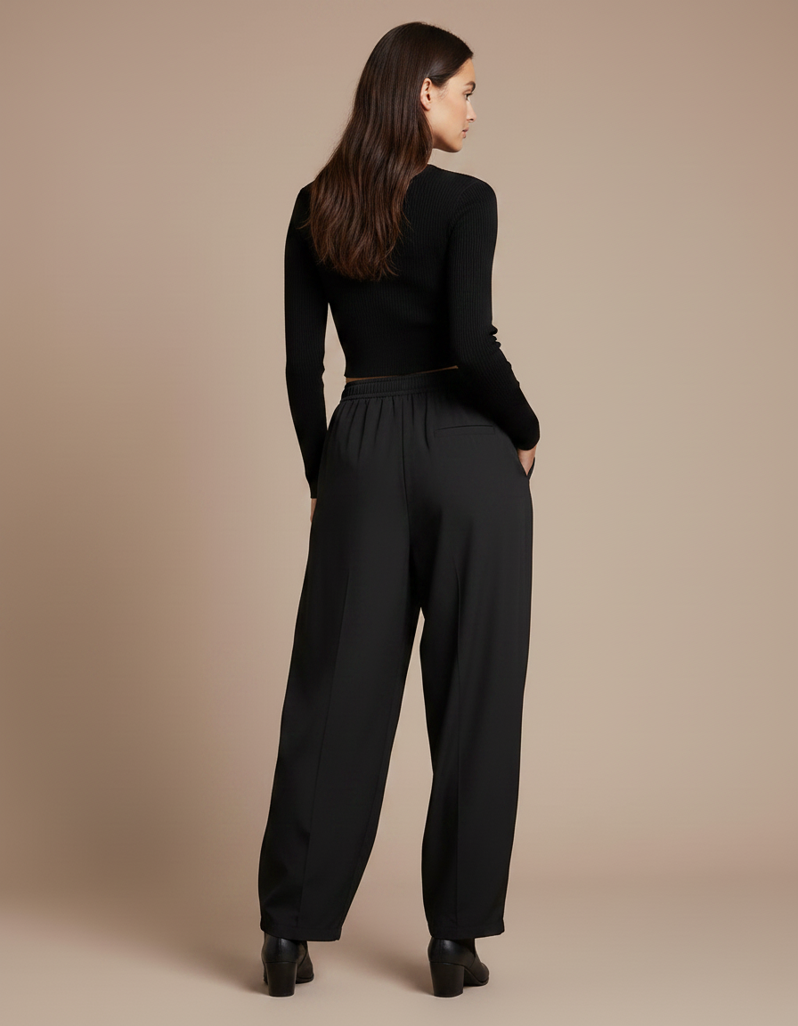 Pantalon Parachute Noir Fluide Ample Décontracté Femme - Polyester - vue 2