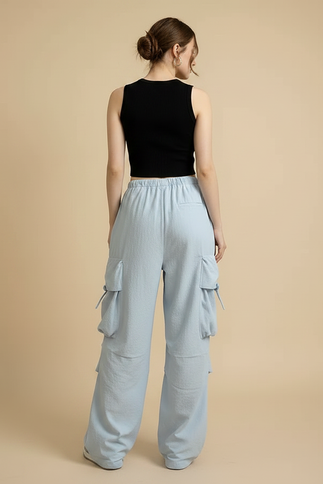 Pantalon Parachute Bleu Ciel Ample Cargo Décontracté Femme - Polyester - vue 2