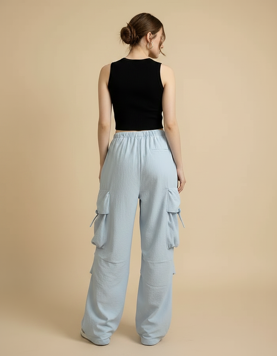 Pantalon Parachute Bleu Ciel Ample Cargo Décontracté Femme - Polyester - vue 2