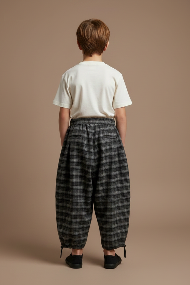 Pantalon Parachute Plaid Hiver Ample Garçon Chaud - Gris Tweed - vue 2