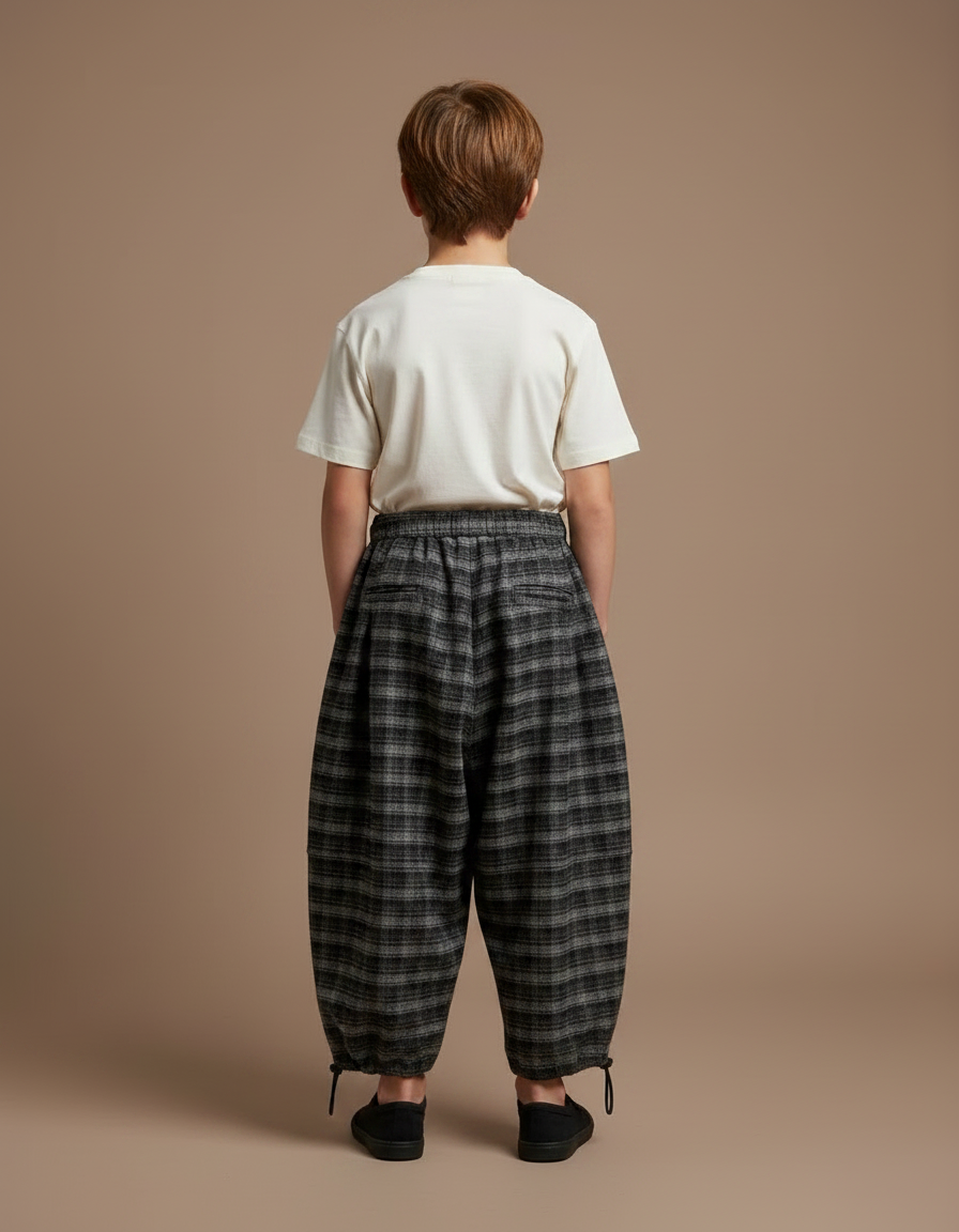 Pantalon Parachute Plaid Hiver Ample Garçon Chaud - Gris Tweed - vue 2